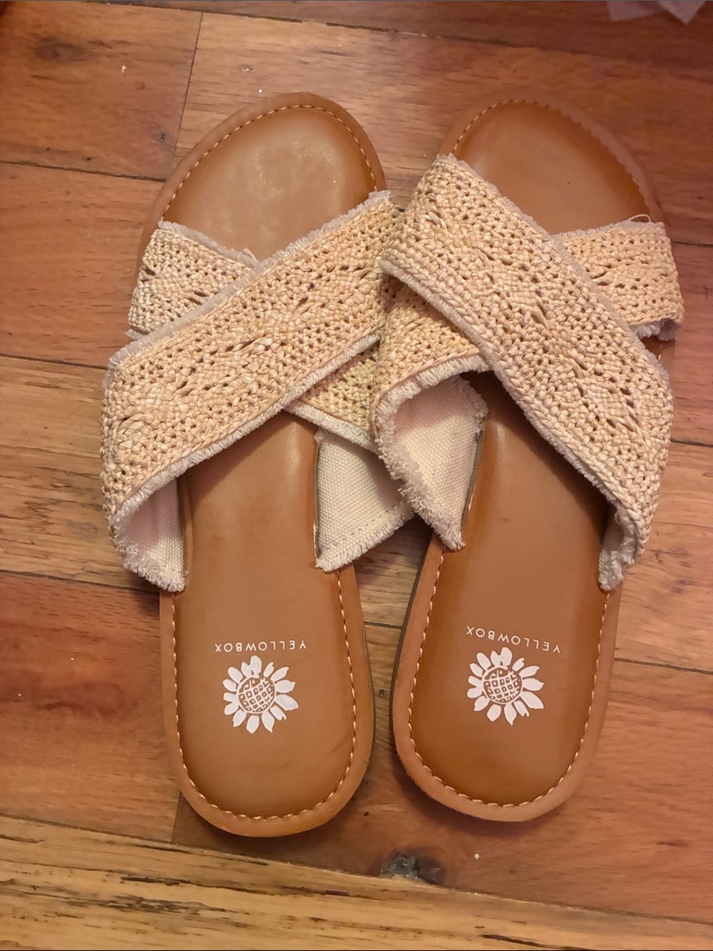 Yellow Box Women’s Beige Crochet Crossband Slide Sandals